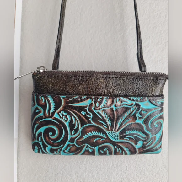 Patricia Nash Teal and Brown Tooled Leather Bacoli Crossbody - Picture 8 of 8
